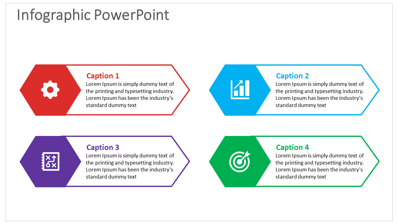 Infographic PowerPoint slide with colorful hexagonal shapes, icons, and captions for visual representation.