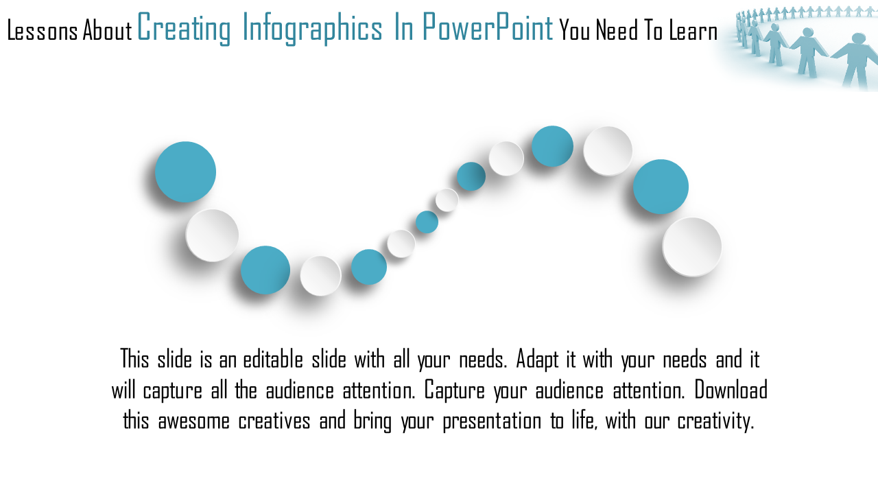 Infographic design with alternating blue and white circular elements arranged in a wave like pattern on a light background.