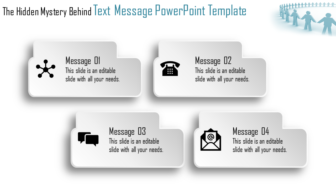 Four gray speech bubbles with icons for network, phone, chat, and email, arranged in two rows on a white background.