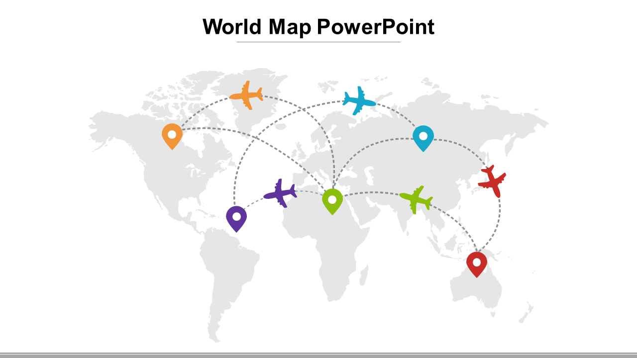 Gray world map with vibrant airplanes and location markers, connected by dotted lines indicating various flight paths.