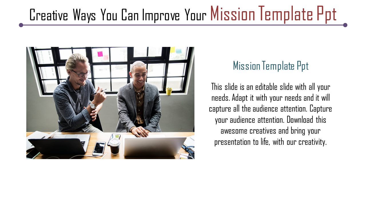 Slide displaying a mission template with a focus on collaboration, featuring a business meeting scene.