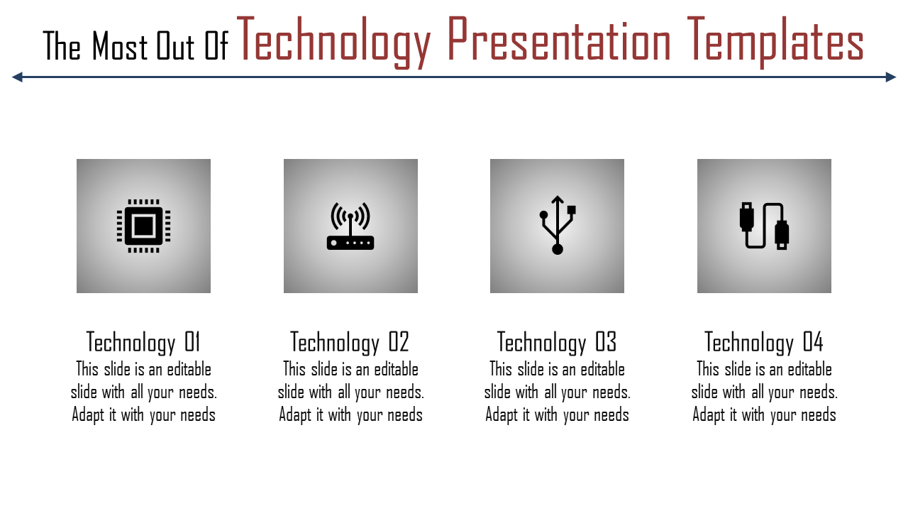 Slide showcasing four technology icons a microchip, router, USB, and cable connectors, representing modern tech elements.