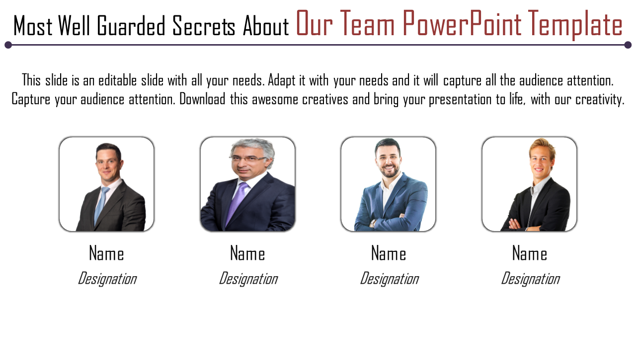 Team introduction slide featuring four portraits with names and designations, alongside a title and descriptive text.