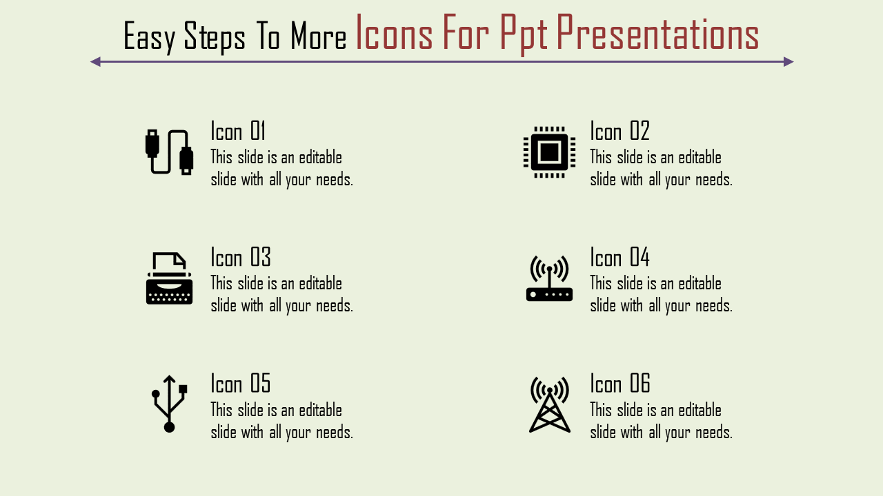 PowerPoint slide displaying six icons related to technology and connectivity.