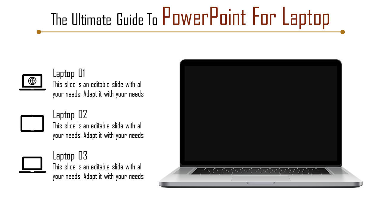 PowerPoint for Laptop guide featuring a laptop image and placeholder text with icons.