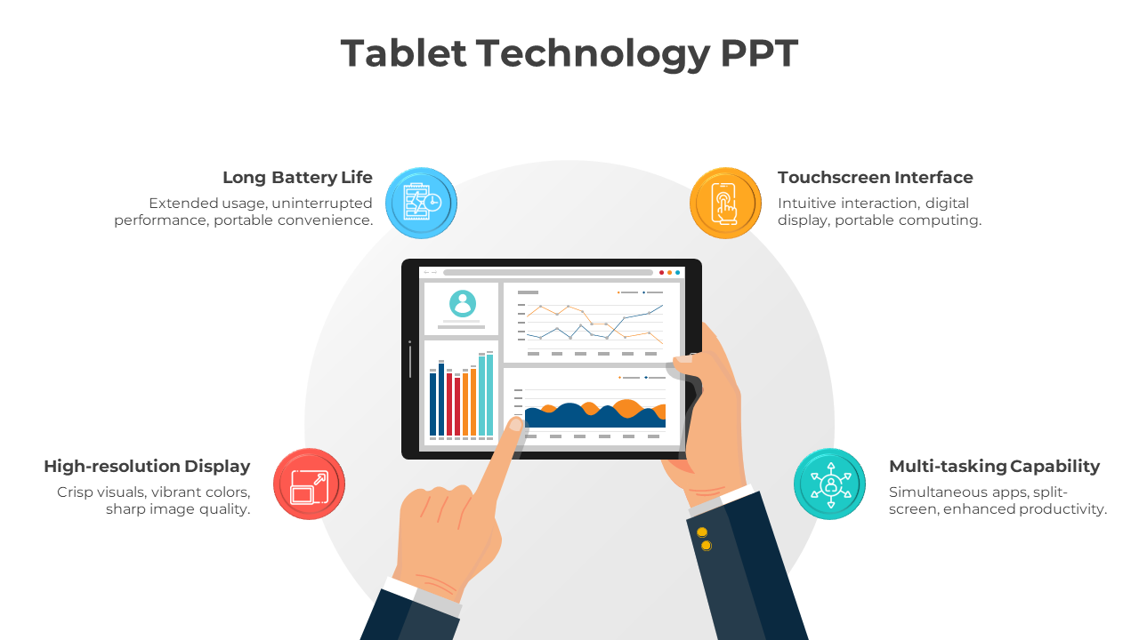 Slide illustrating tablet technology features with icons and touchscreen interface with multi tasking capability.