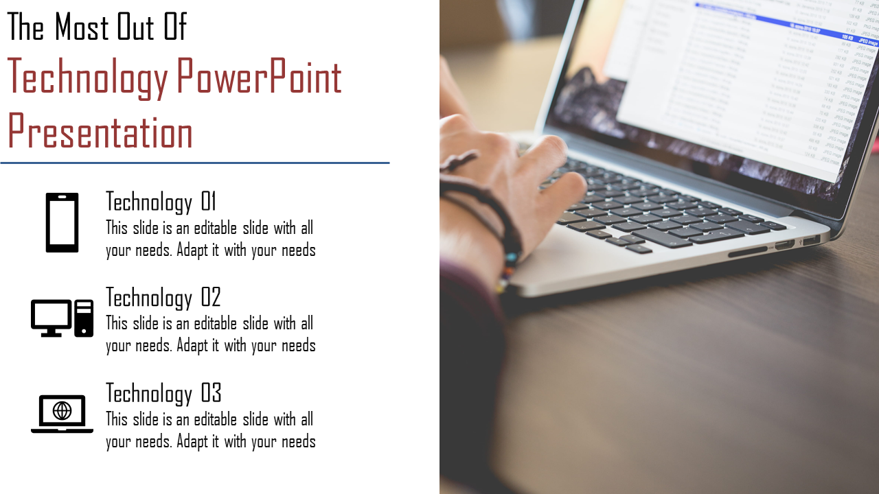 Technology PowerPoint presentation slide with a laptop image and three labeled sections for mobile, desktop, and laptop.