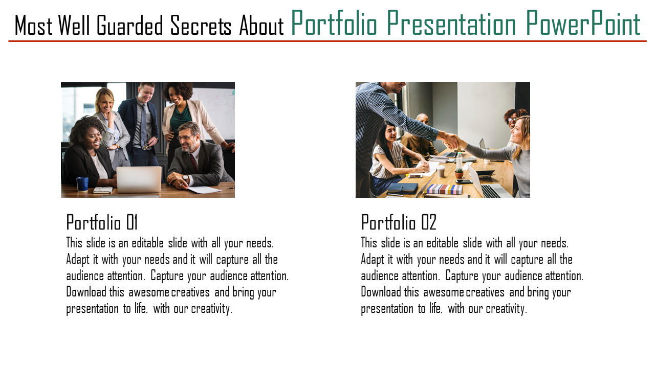 Portfolio template with two sections showing collaborative group images and descriptive captions below.