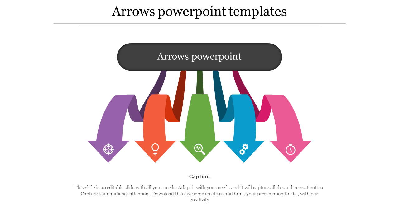 A row of multicolored downward arrows in purple, red, green, blue, and pink, with icons under a black label.