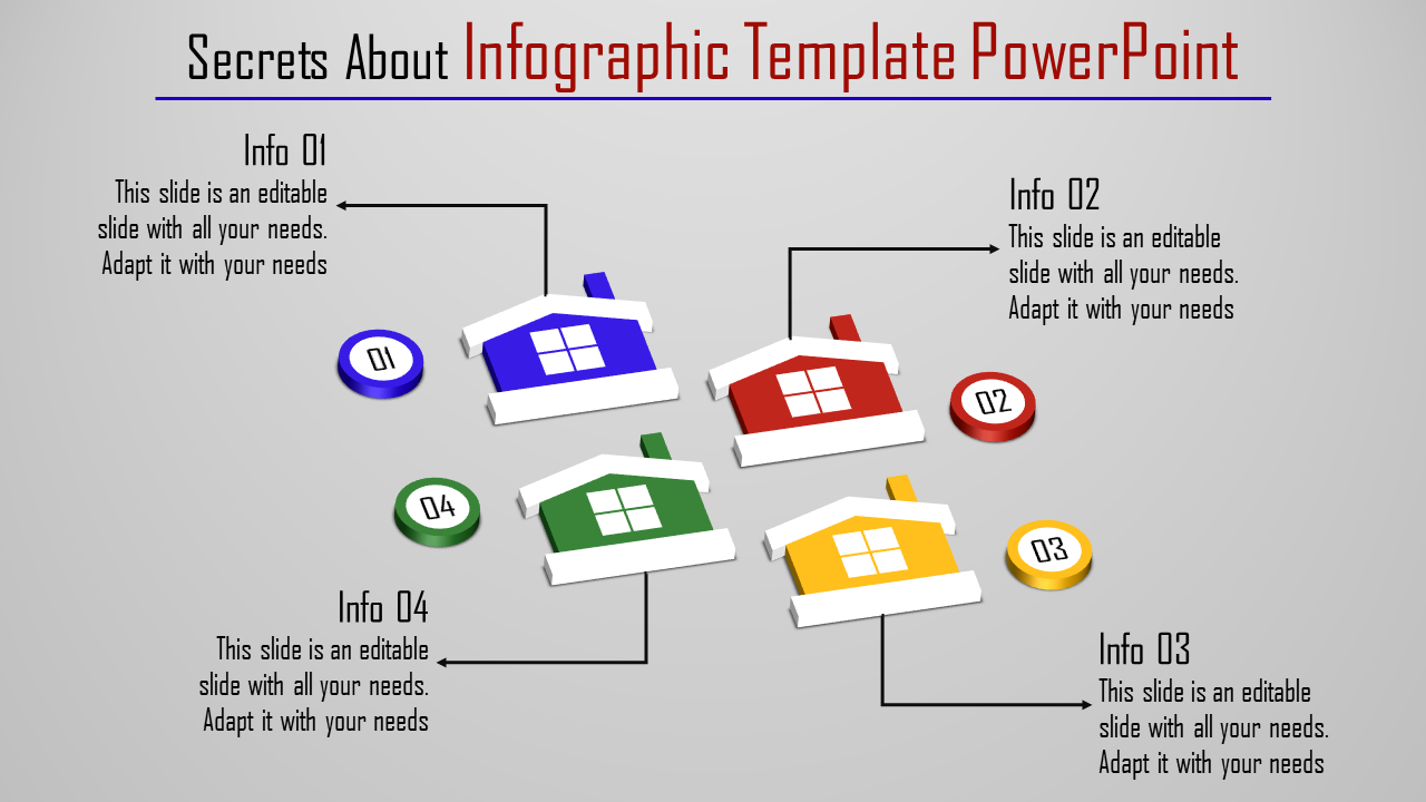 Infographic PPT template showcasing four colorful house icons linked with numbered labels and descriptions.