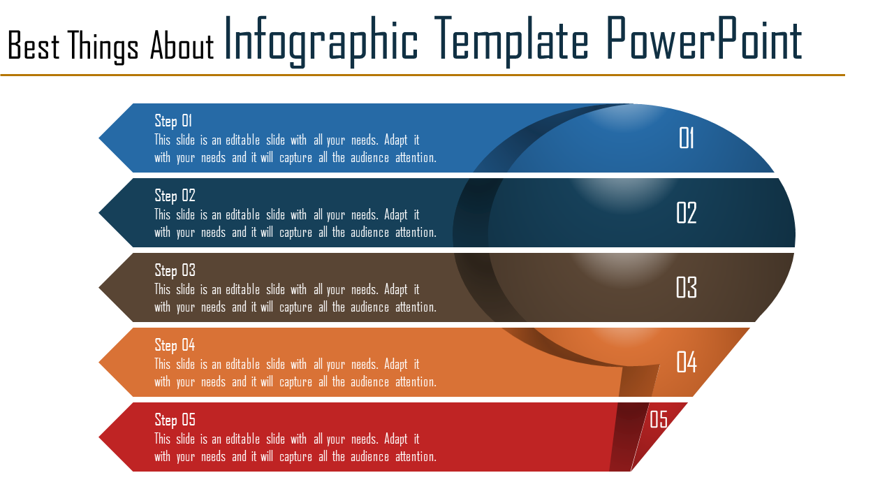 Colorful infographic PowerPoint template with five layered steps and numbered labels for sequential presentation.