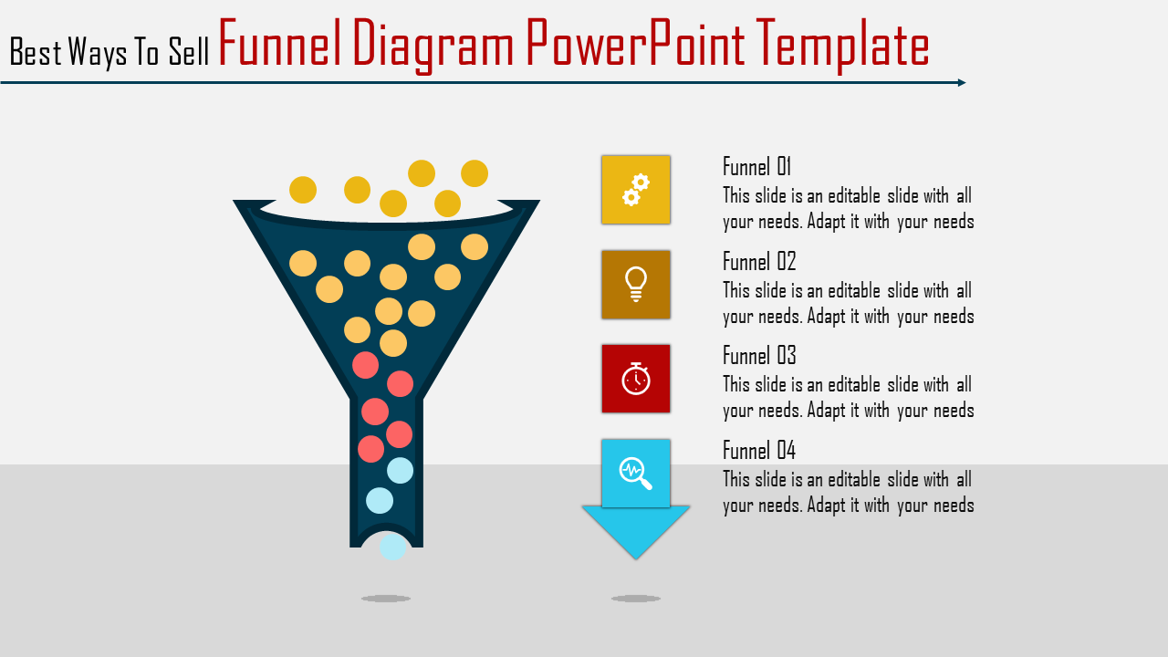 Funnel diagram template showcasing a process flow with colored sections and stepwise descriptions on the right.