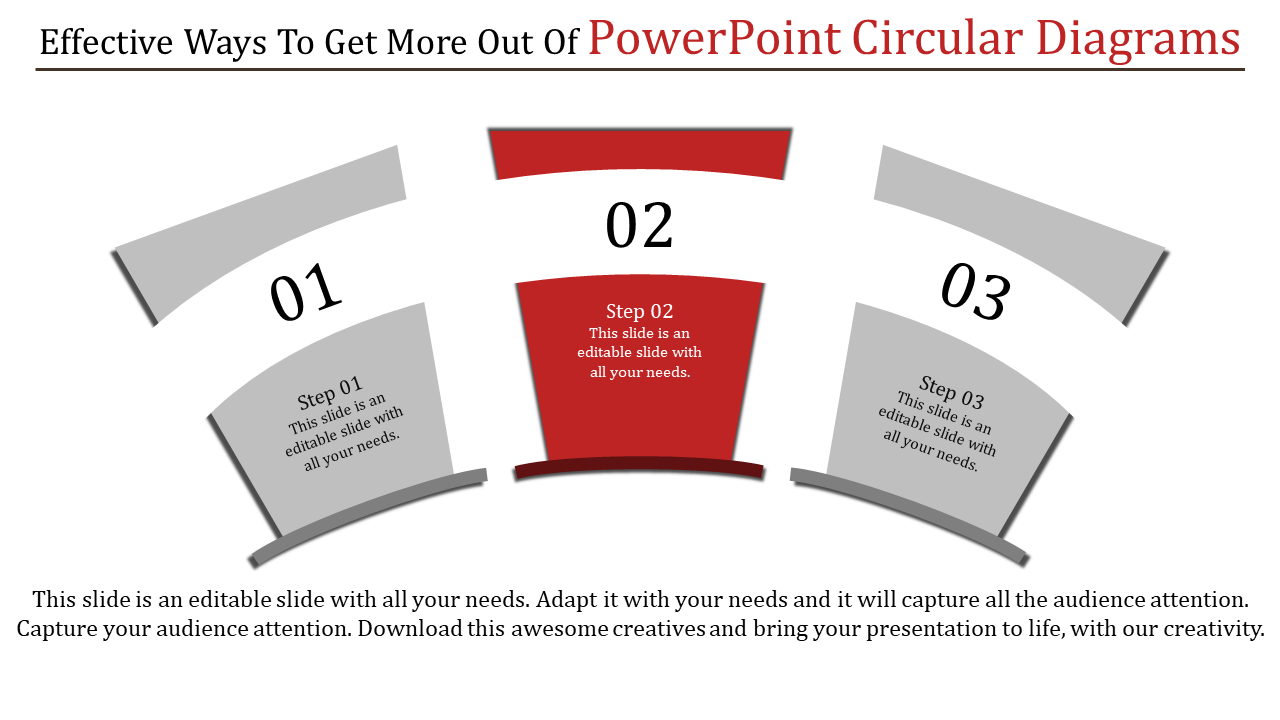 Circular diagram template with three segments, emphasizing Step 02 in red and other steps in gray, for process mapping.