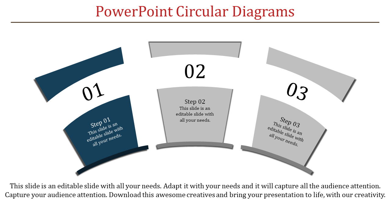 Circular diagram PowerPoint template with three labeled steps in blue and gray sections for process visualization.