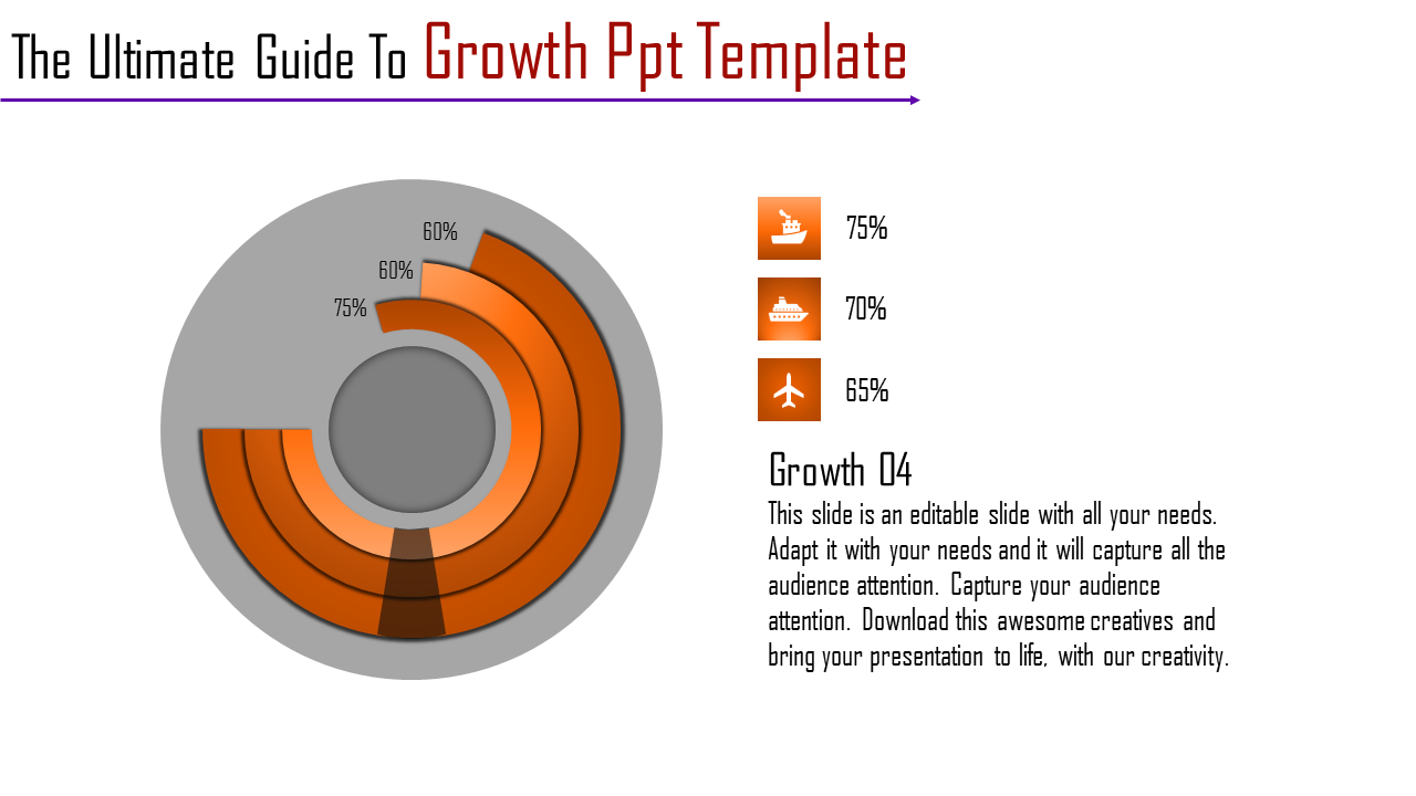 Growth PowerPoint template featuring a multi layered orange circular chart and icons representing transportation modes.