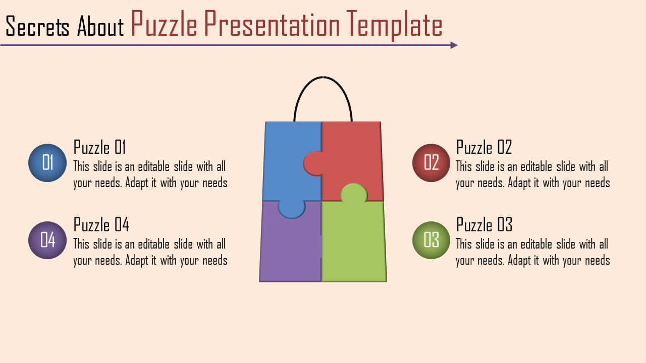 Puzzle themed PowerPoint slide with a colorful shopping bag illustration made of four interlocking puzzle pieces.