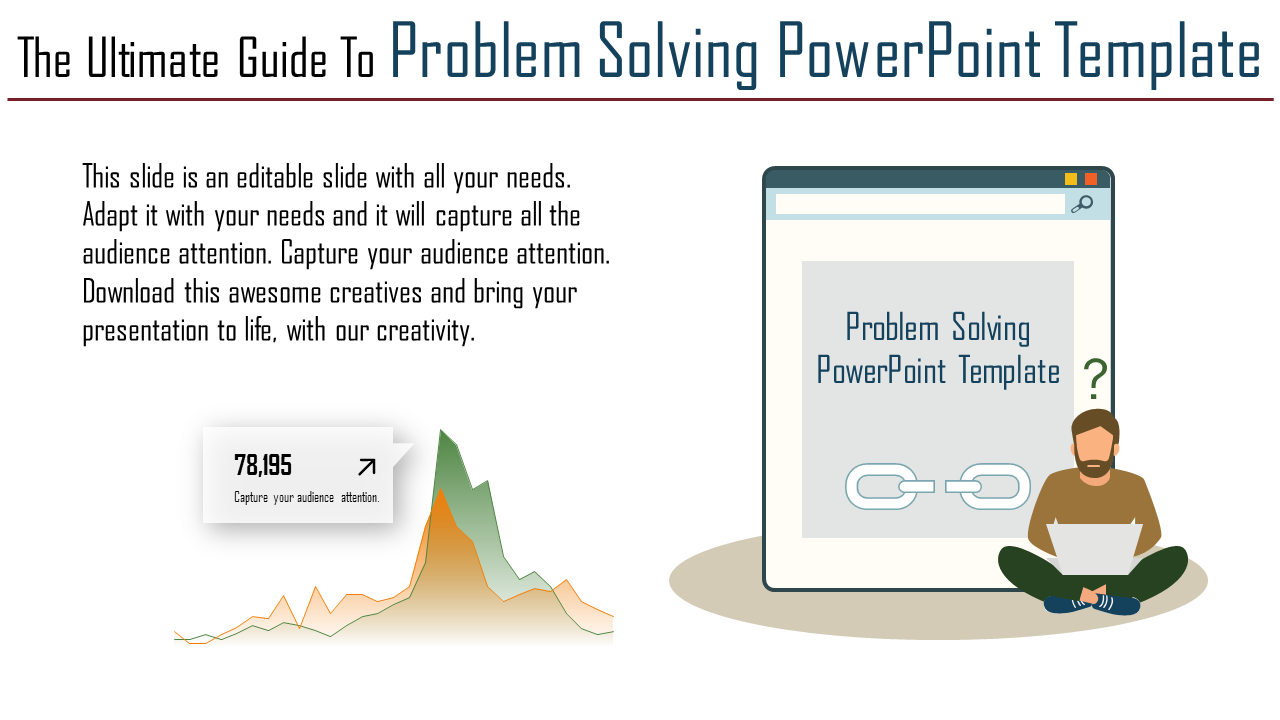 PowerPoint template showcasing a person working on a problem solving task, with a chart and a link icon.