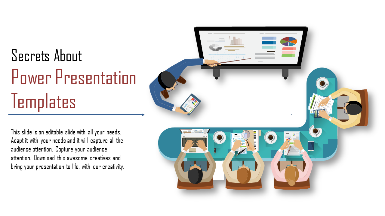 Illustration of a business meeting with participants around U shaped table and a presenter pointing at a screen with charts.