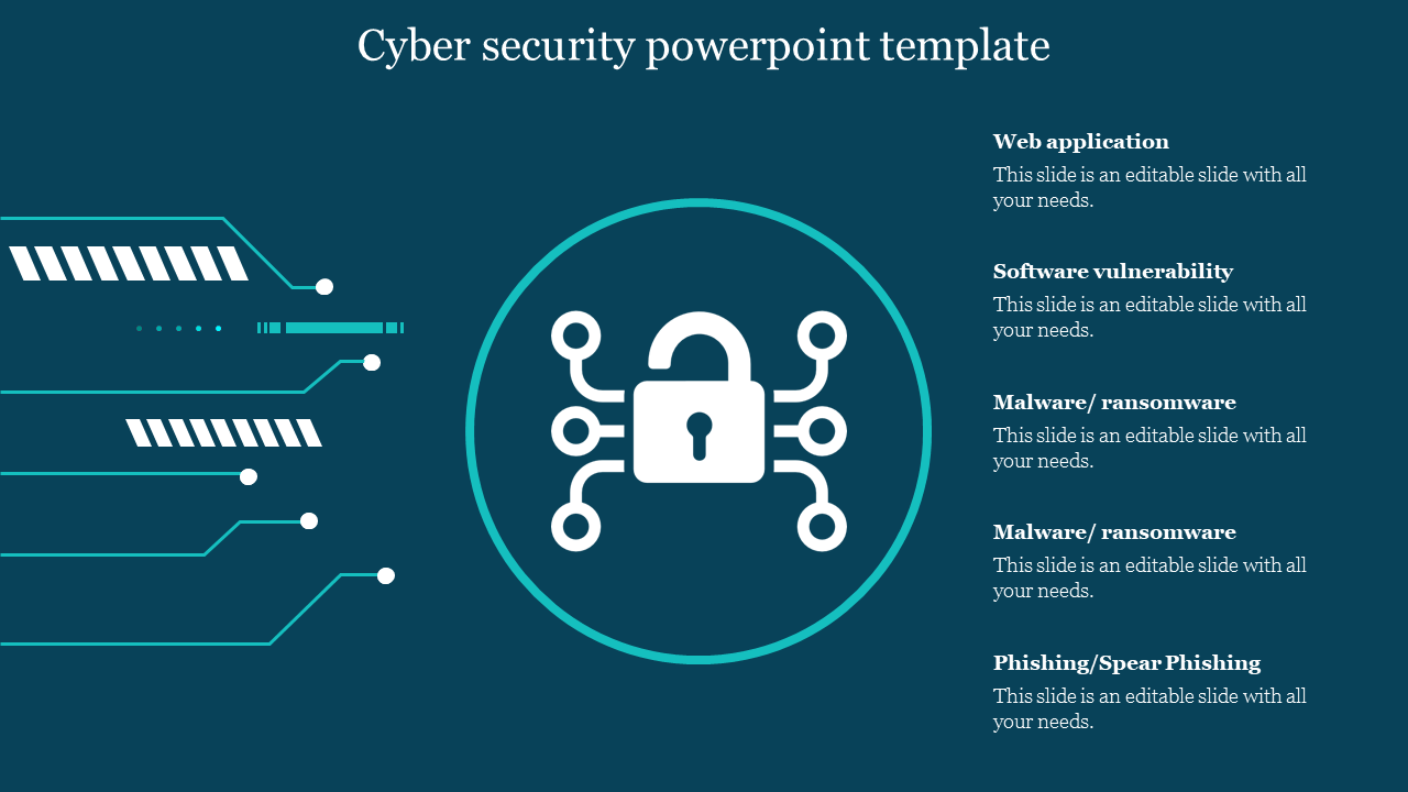 A slide for cybersecurity with a padlock icon inside a circle, circuit-like design, and five text boxes for security threats.