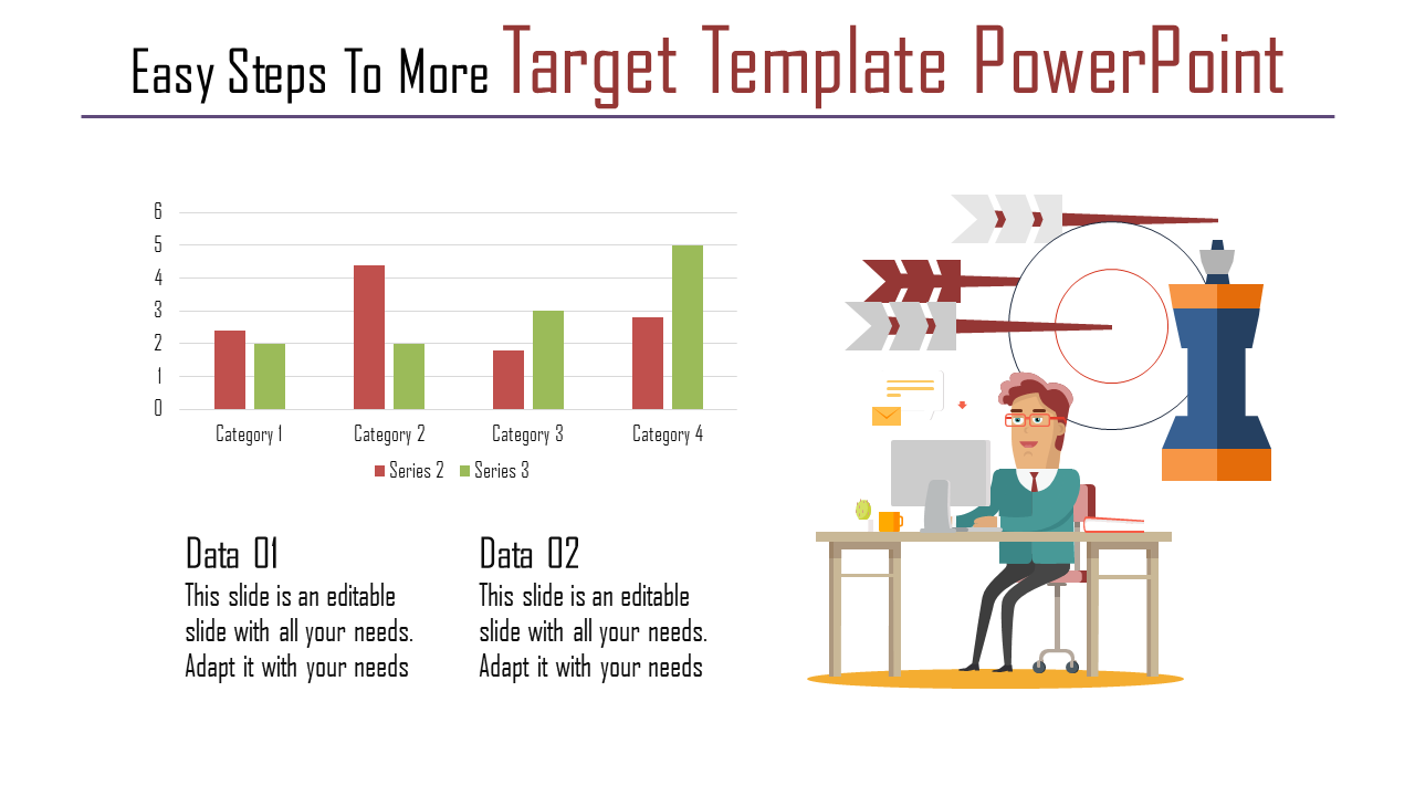 Slide with bar chart, a target with arrows, a chess piece, and an office worker at a desk, illustrating goals and data.