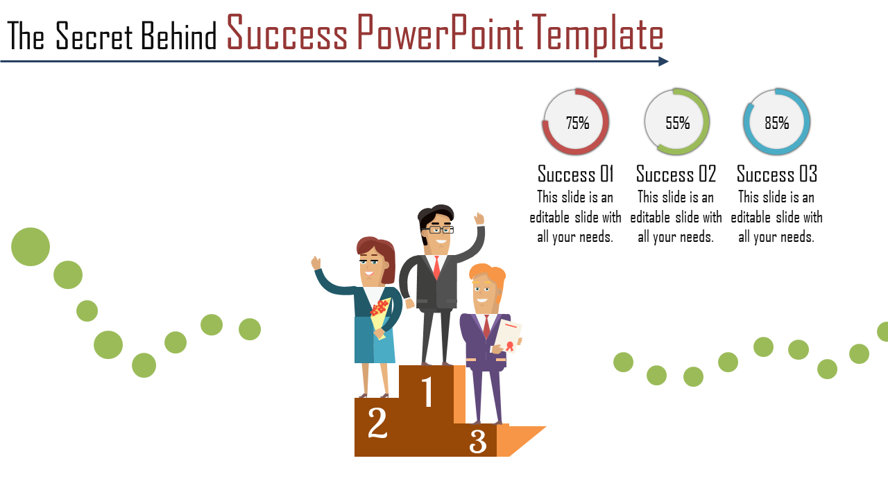 Success themed slide with a podium featuring three professionals and percentage charts showing achievement levels.