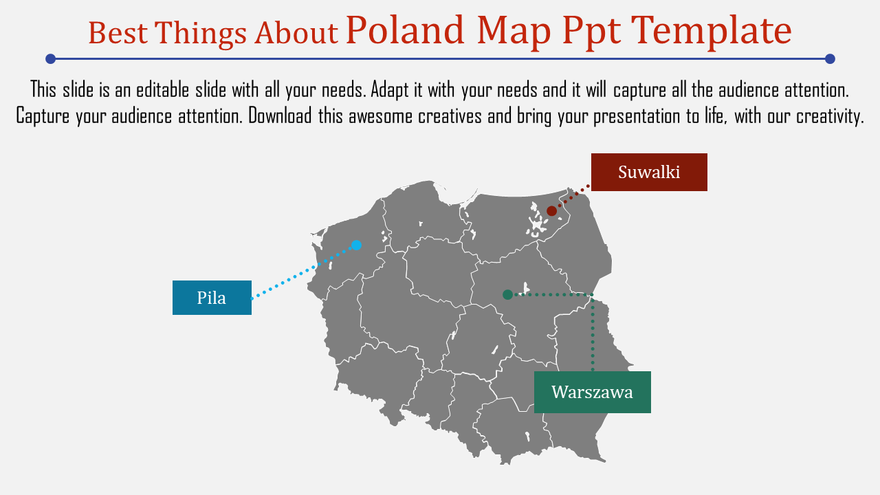 Poland map showing three cities marked with colored labels in red, green, and blue on a gray background.