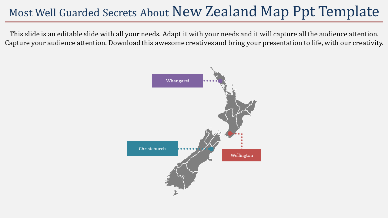 Grey map of New Zealand with colored labels marking Whangarei in purple, Wellington in red, and Christchurch in teal.