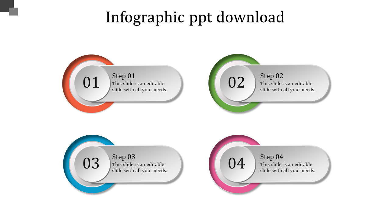 Infographic PowerPoint template showcasing four steps with colorful circular accents and text boxes for each step.