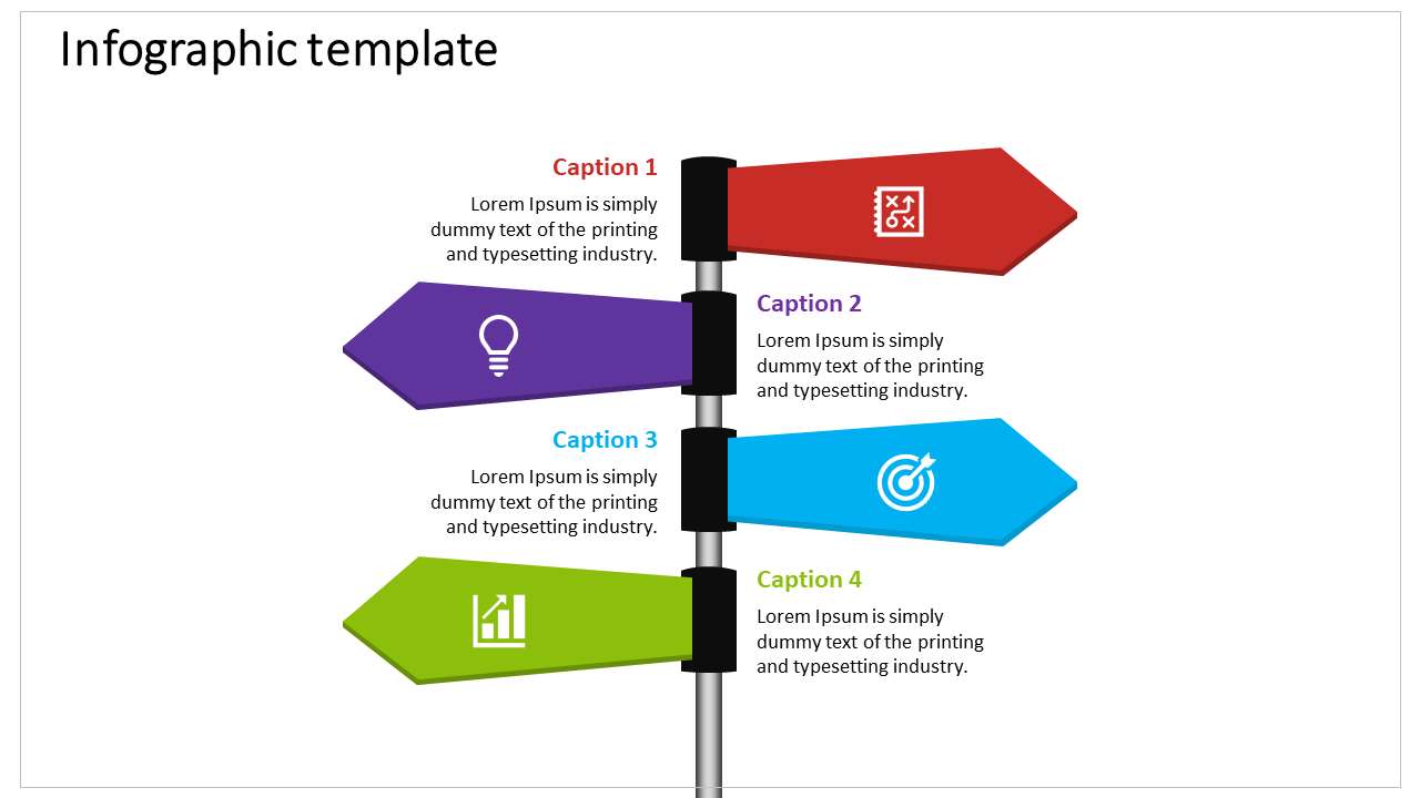 PowerPoint template with four colorful arrows pointing in different directions, each labeled Caption.