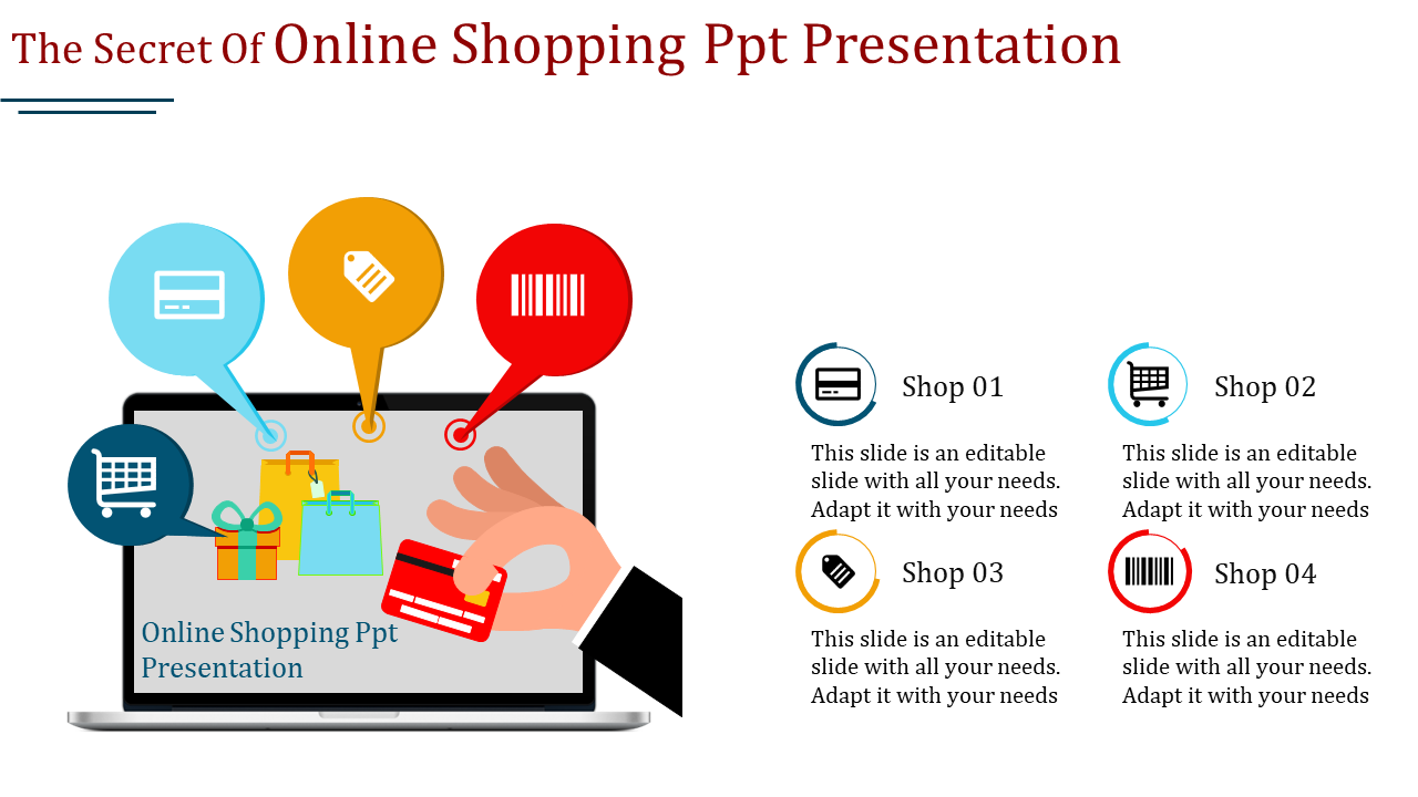 Illustration of a hand holding a credit card over a laptop screen with shopping icons in colorful speech bubbles.