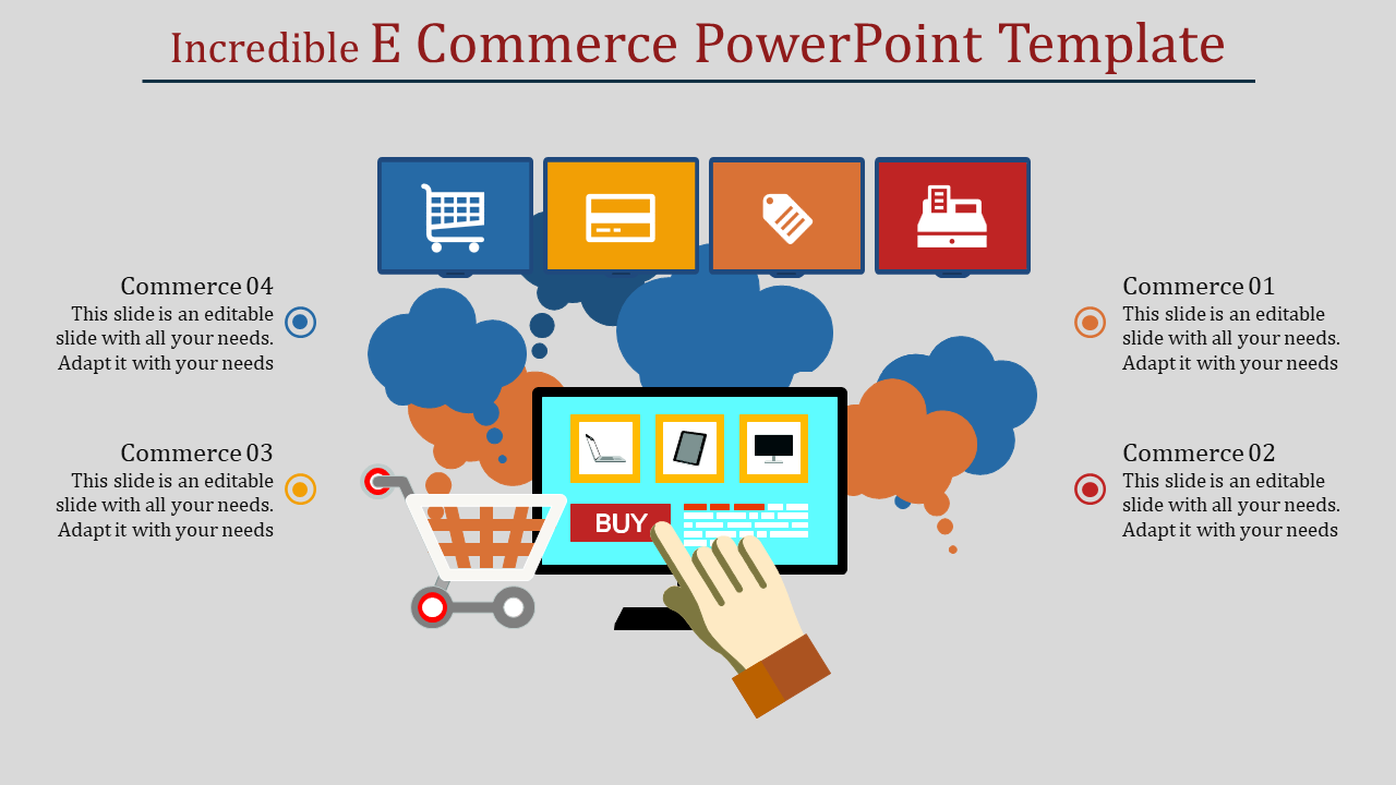 Colorful E commerce slide with icons representing different features and a hand clicking a buy button on a computer.