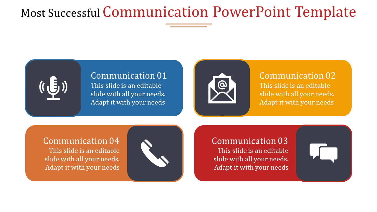 Communication slide with four sections, each showcasing different methods like microphone, email, phone, and chat with text.