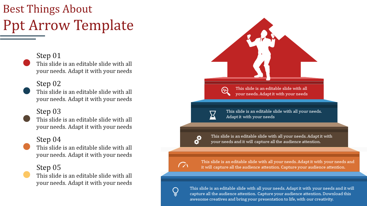 PowerPoint slide featuring a colorful arrow template with five steps, each labeled with a different color and corresponding icon.