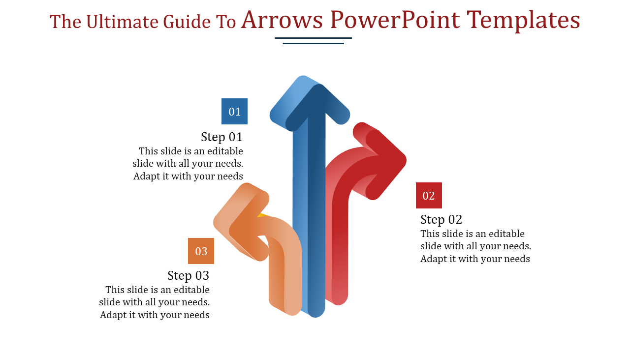 Three upward arrows in blue, red, and orange labeled 01 to 03, each with captions on a white background.