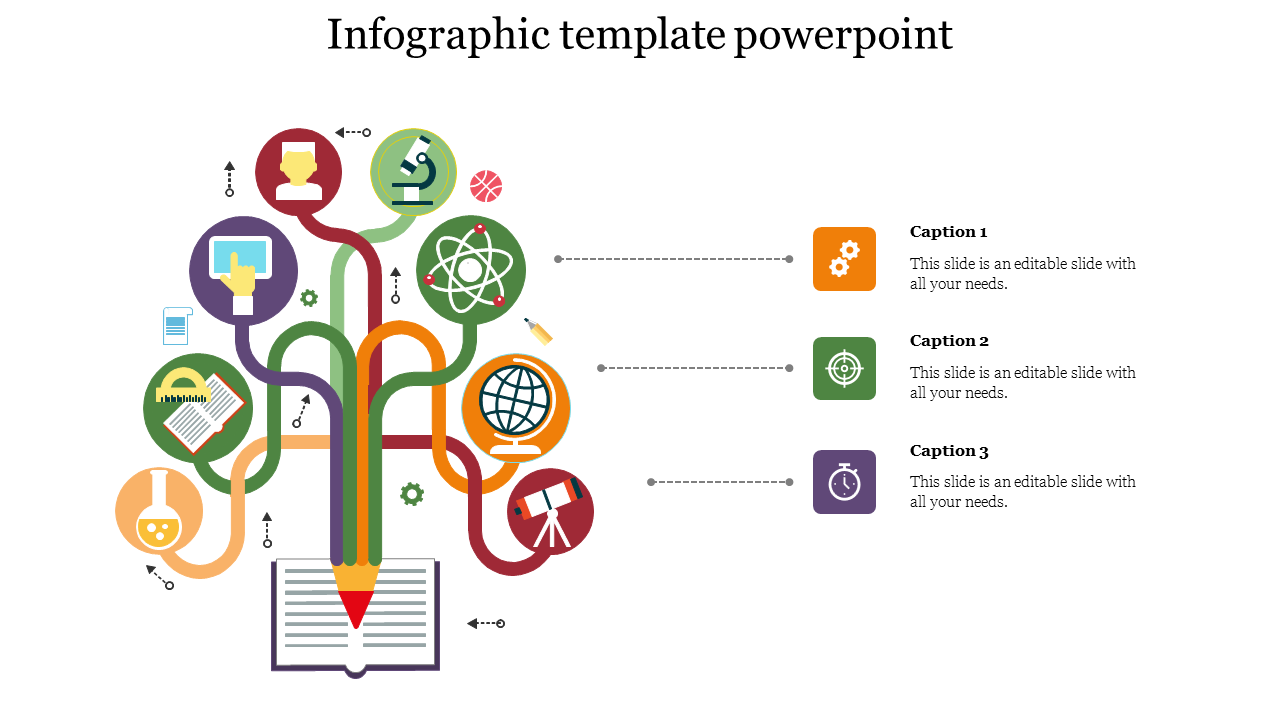 A colorful infographic slide featuring a creative design with a pencil and various educational icons with captions.