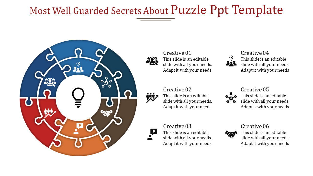 Colorful circular puzzle infographic slide with six segments with icons and descriptions centered around a light bulb symbol.