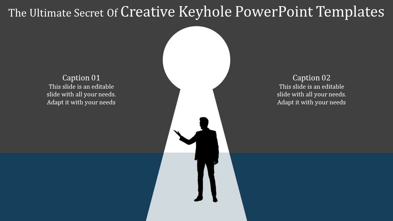 Creative keyhole PowerPoint template with a silhouette of a person standing before a large illuminated keyhole.