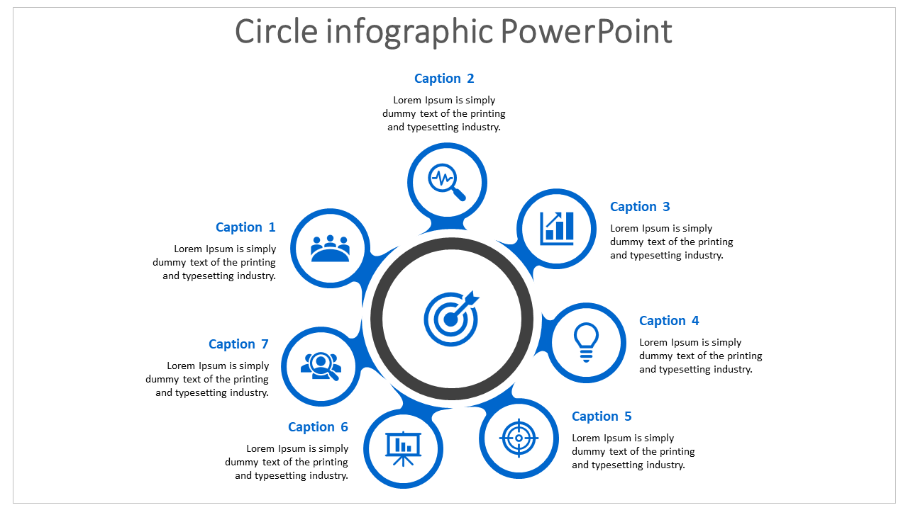 Infographic PowerPoint template with seven numbered captions arranged in a blue circle with various icons.