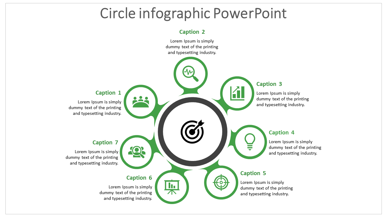 Circular infographic with seven green icons arranged around a central circle, each linked to captions with text.