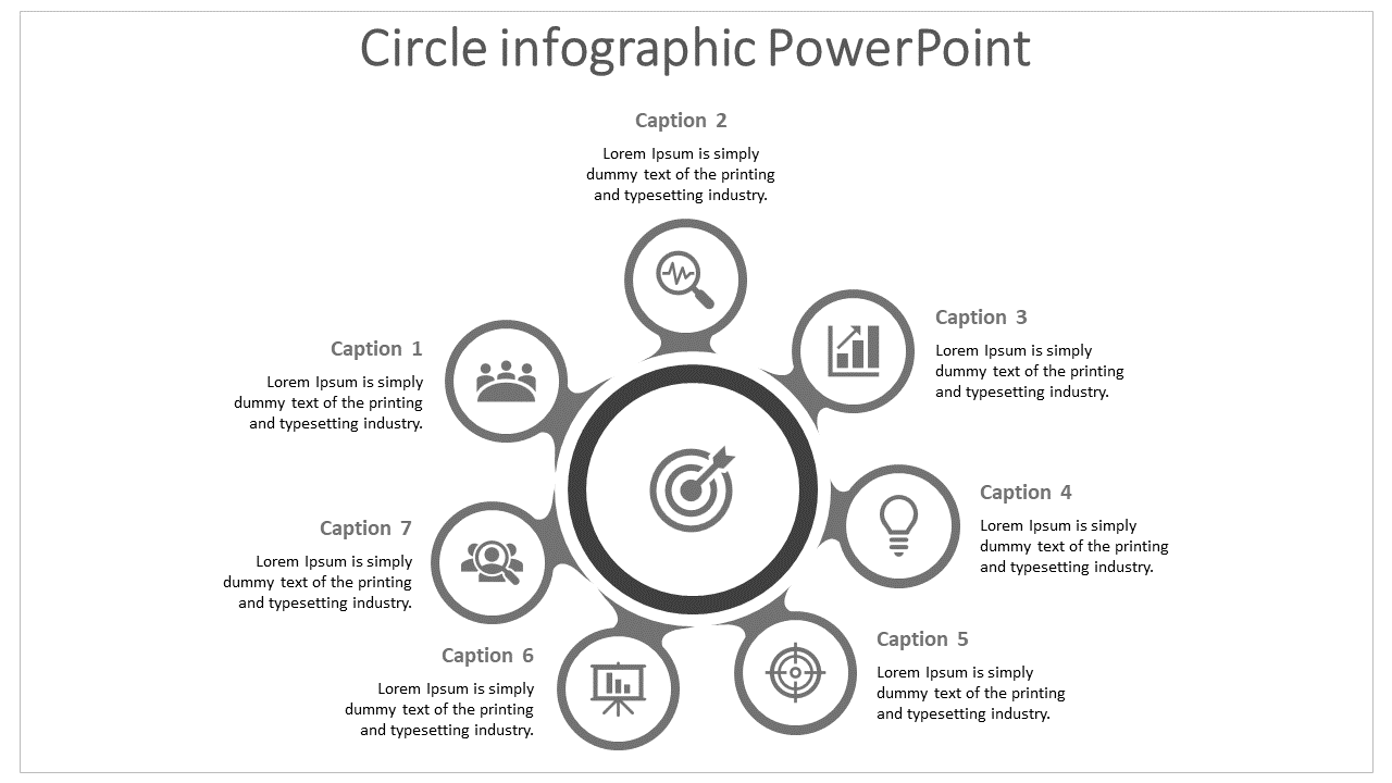 Circular infographic PowerPoint slide with seven icons around a central target symbol, showcasing connected captions.