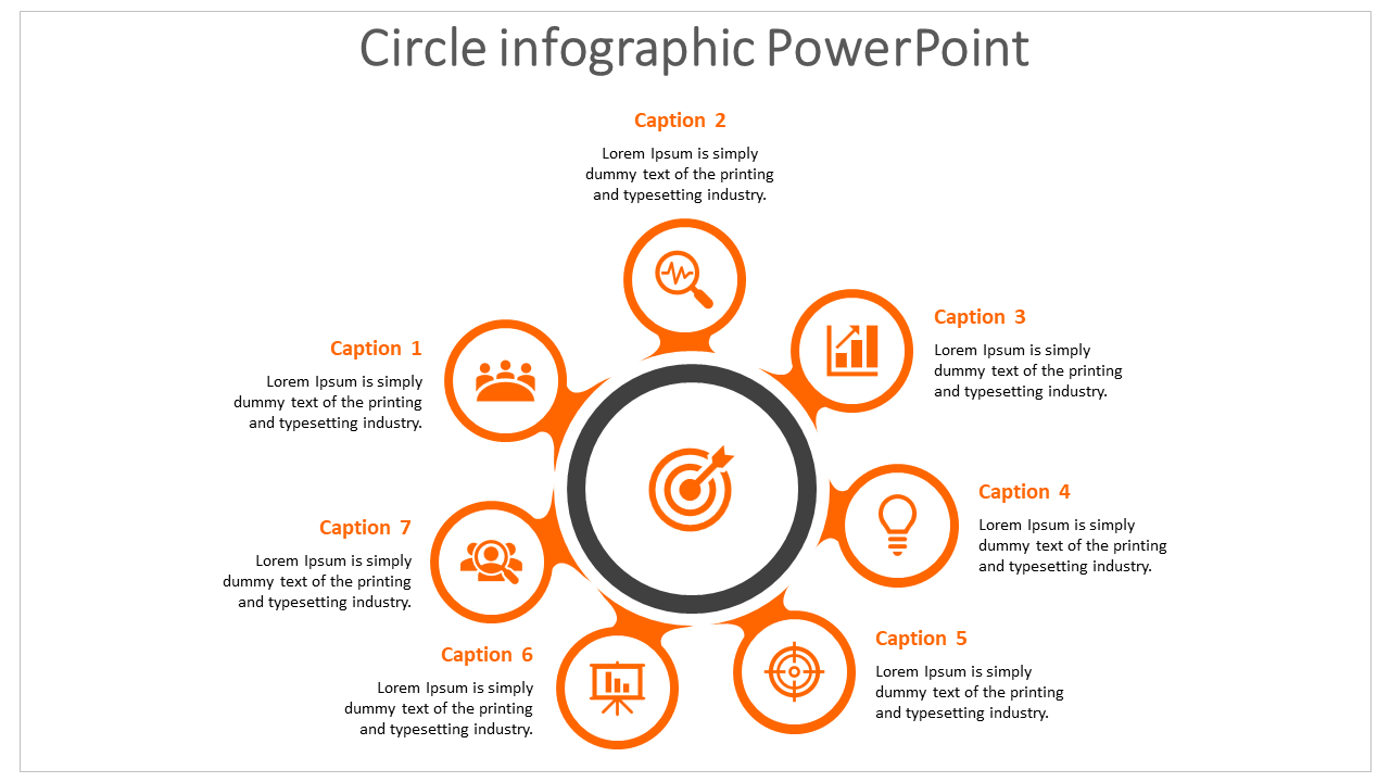 Circular infographic with seven orange icons arranged around a central circle, each linked to captions with text.