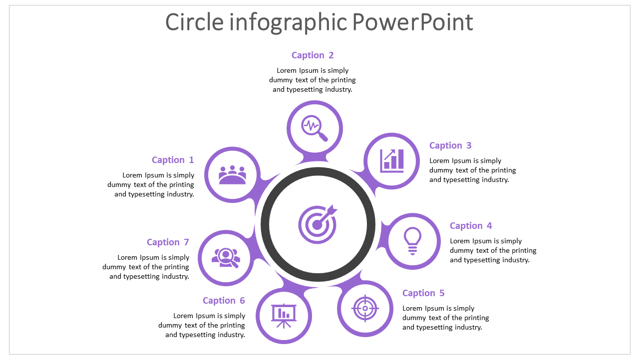 Circle infographic PowerPoint slide with seven sections for various icons and captions.