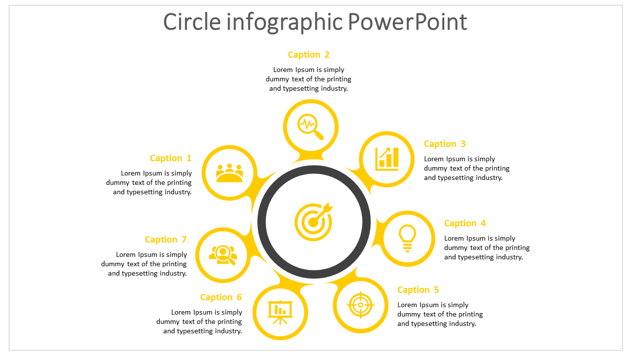 Circular infographic PowerPoint template featuring seven yellow icons connected around a central target symbol.