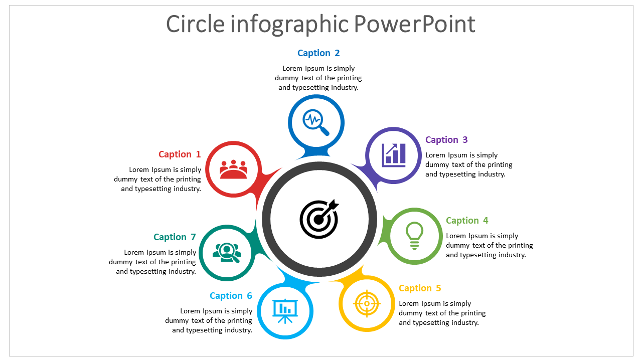 Circular infographic with a target icon in the center surrounded by seven labeled icons and caption areas.