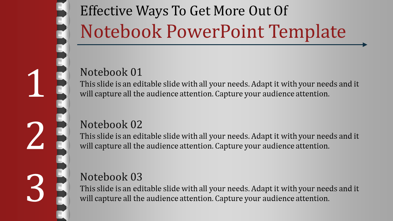 A PowerPoint slide showing a notebook template with numbered sections and placeholder text.