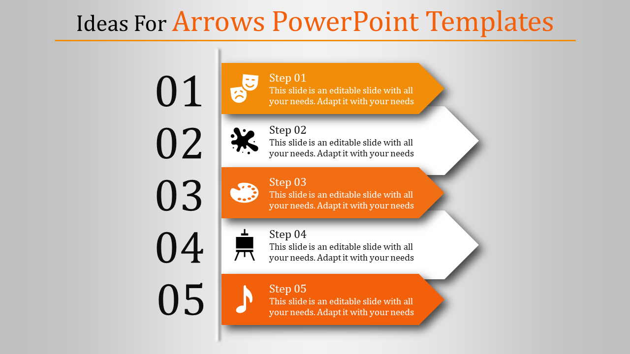 Five alternating orange and white arrows aligned with numbers, featuring text and icons on a light gray background.