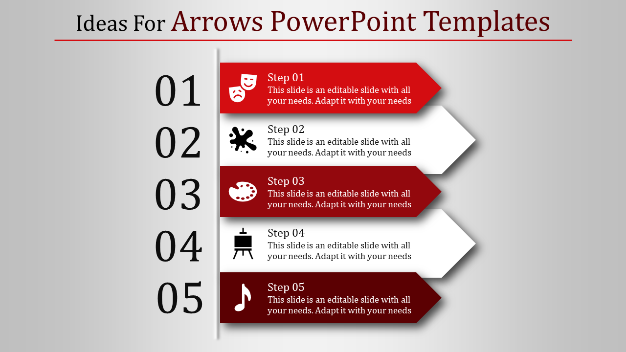 Vertical list template with numbered steps and red arrows pointing right each with a caption areas.