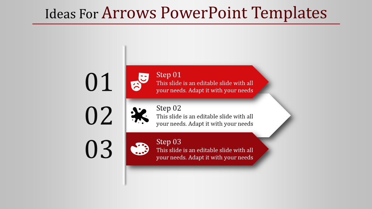 Professional PowerPoint template with arrow graphics and icons for illustrating sequential steps in red and white.