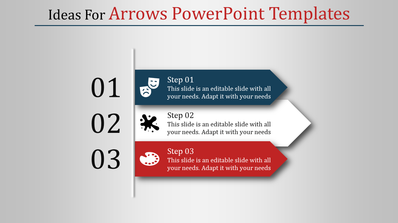 Arrows PowerPoint template with three steps, each represented by colored arrows and icons, numbered 01 to 03.