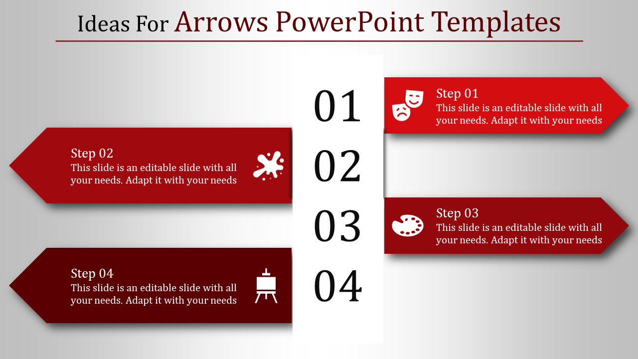 Arrow themed PowerPoint template highlighting four steps with colorful accents and corresponding icons with text area.